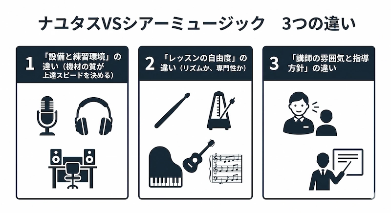 ナユタスとシアーミュージックの3つの違い 図解